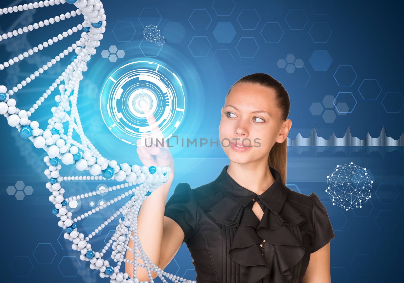 Beautiful businesswoman in dress smiling and presses finger on model of DNA by cherezoff