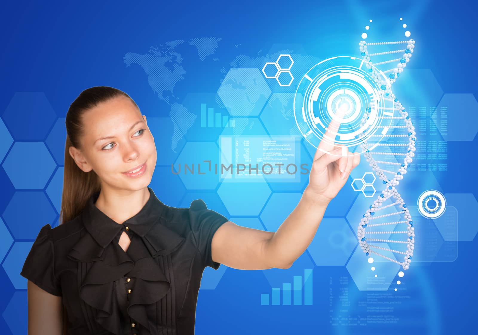 Beautiful businesswoman in dress smiling and presses finger on model of DNA. Scientific and medical concept