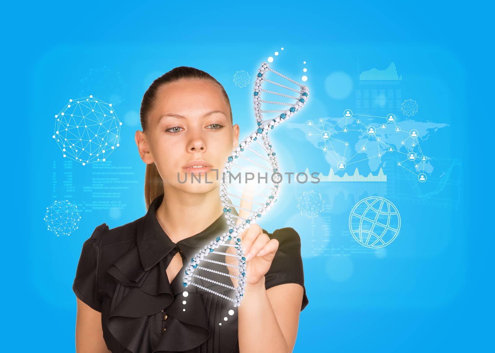 Young girl in dress pushing finger on model of DNA. World map and other virtual elements as backdrop