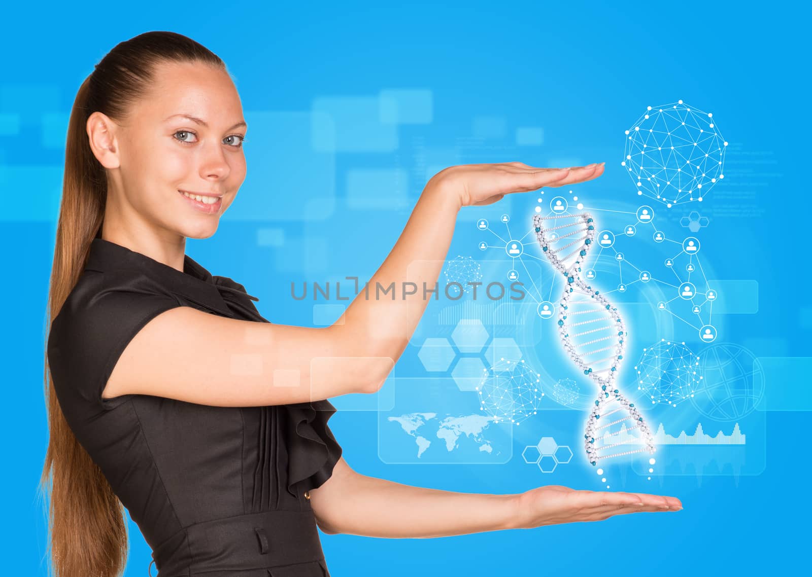 Beautiful businesswoman in dress smiling and holding model of DNA by cherezoff