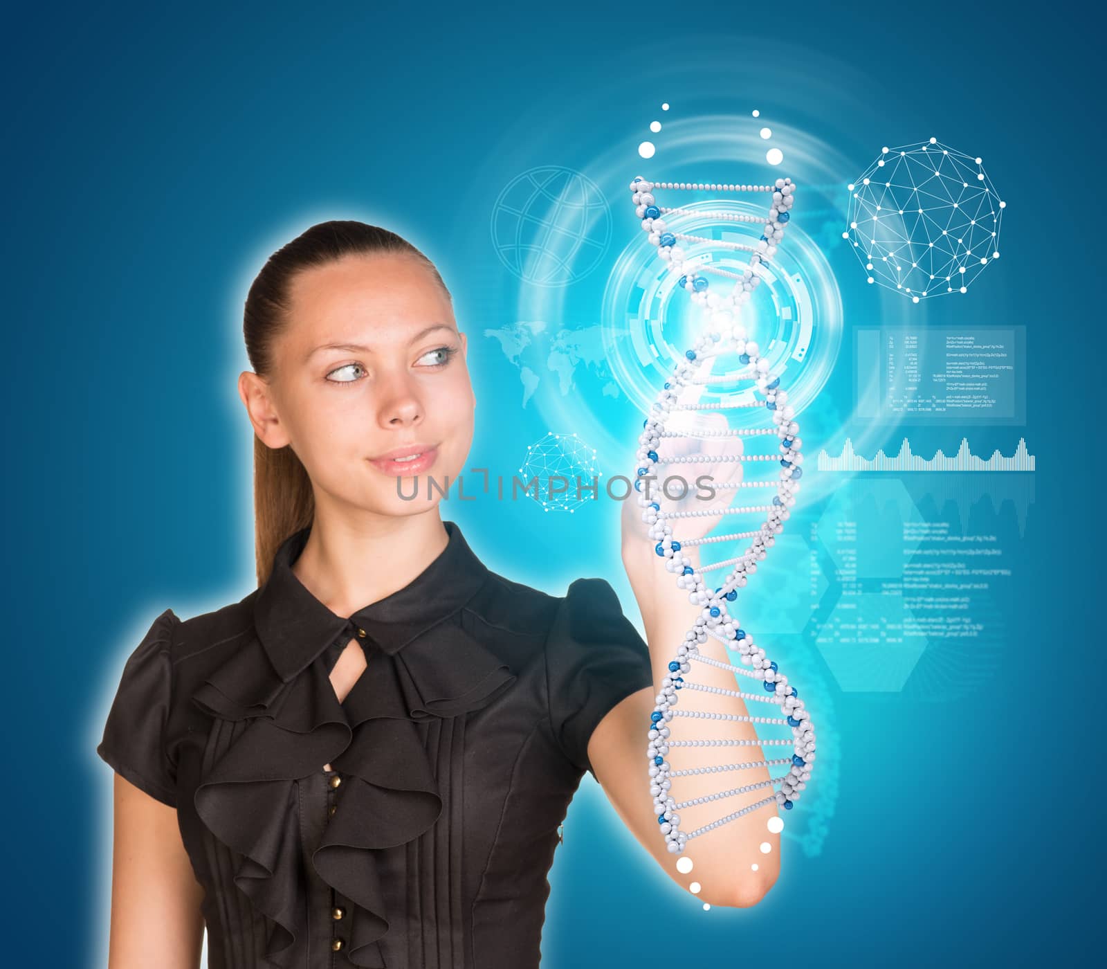 Beautiful young girl with big eyes smiling and presses finger on model of DNA. Scientific and medical concept