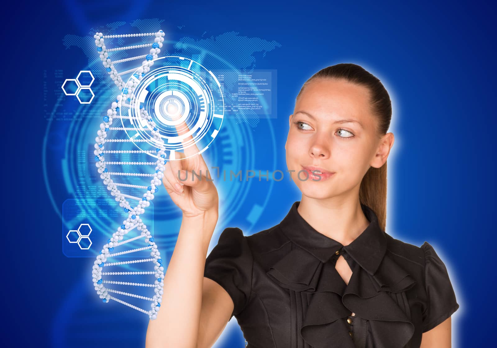 Beautiful businesswoman in dress smiling and presses finger on model of DNA. Scientific and medical concept