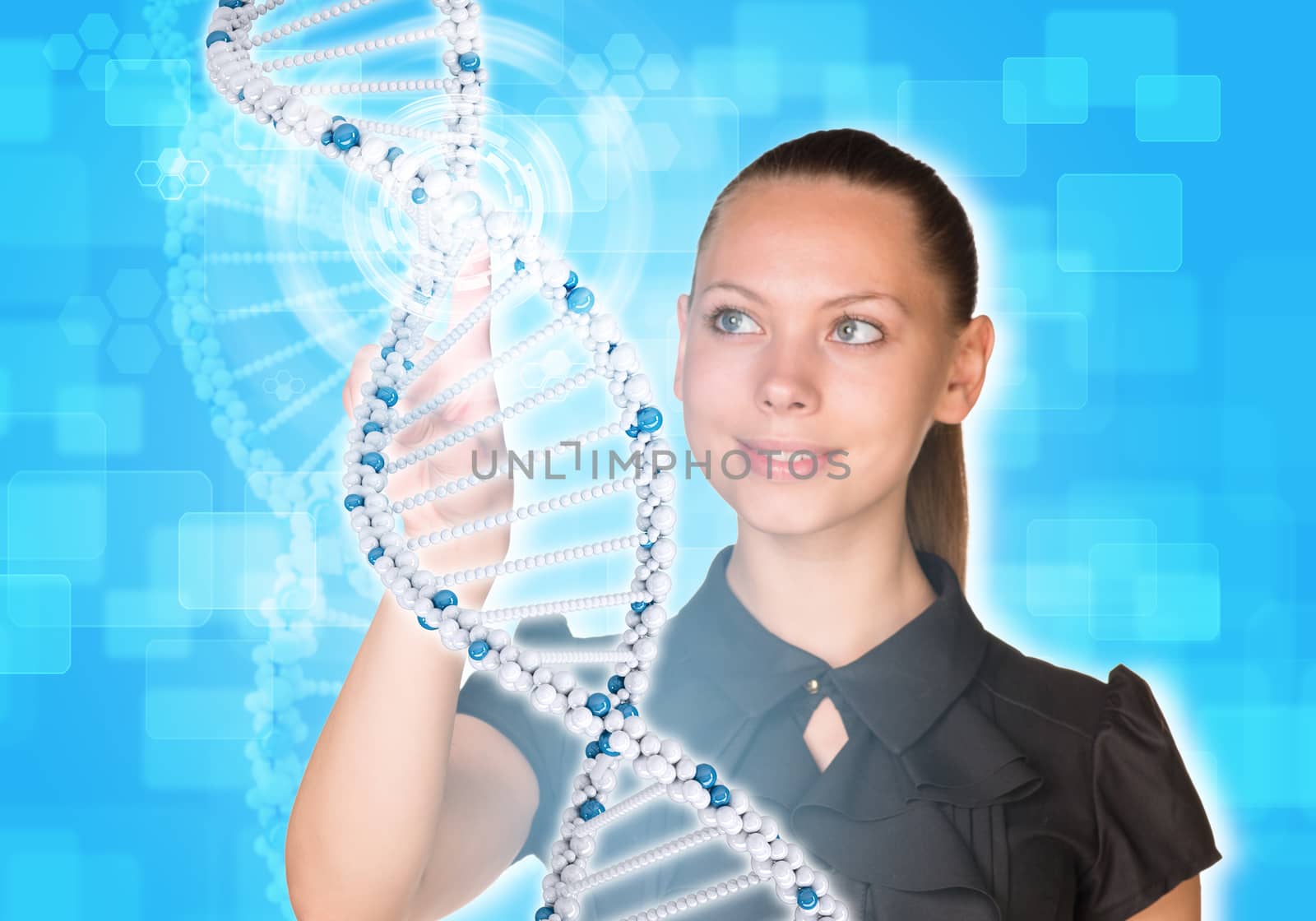 Beautiful young girl looks at model of DNA and presses her finger. Scientific and medical concept