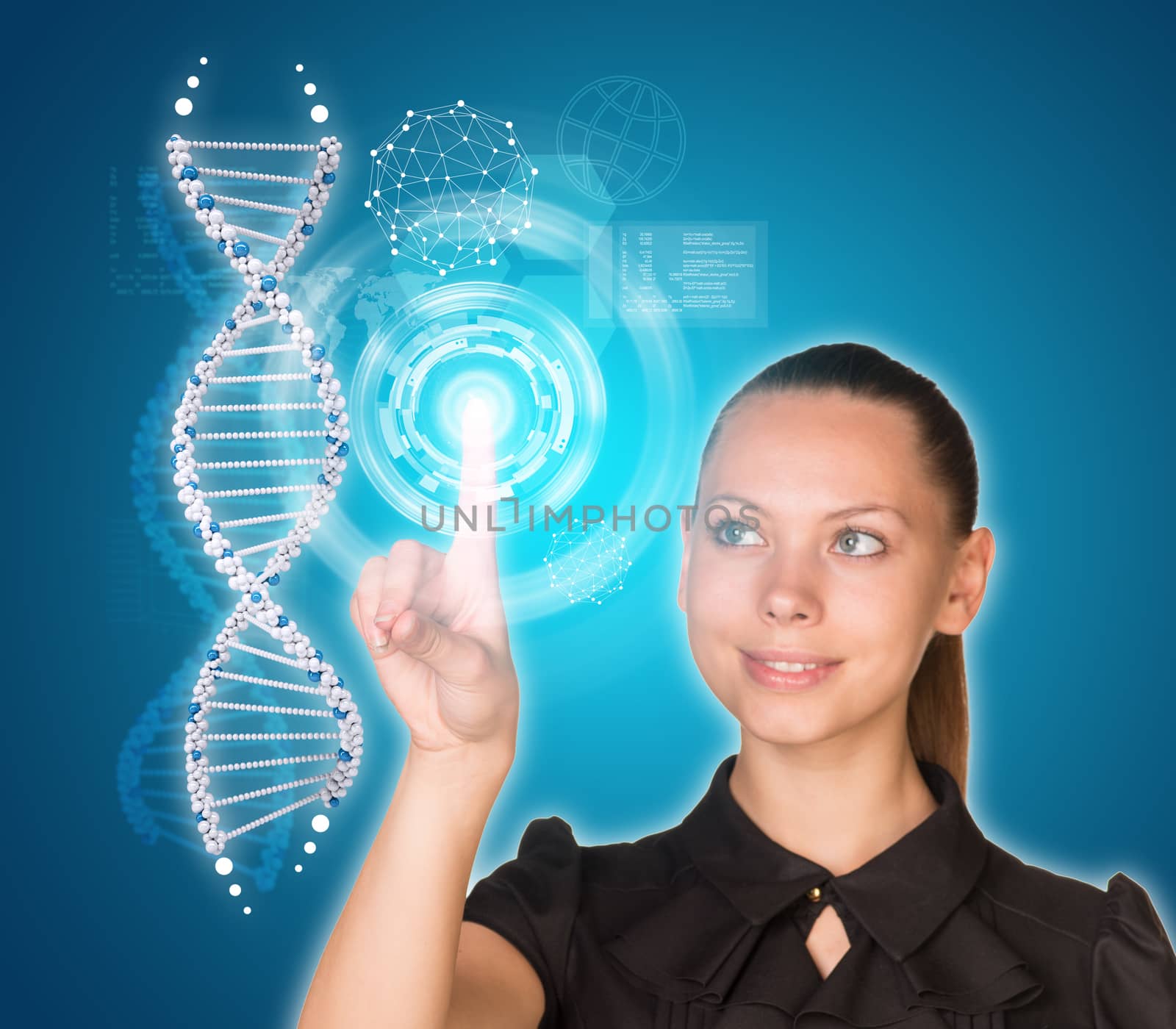 Beautiful young girl looks at model of DNA and presses her finger. Virtual elements as backdrop