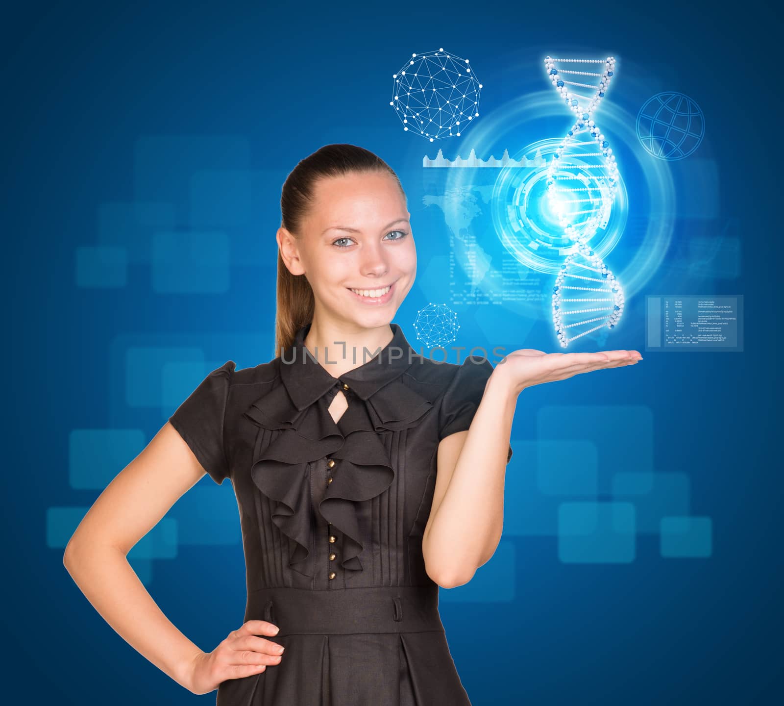 Beautiful businesswoman in dress smiling and holding model of DNA by cherezoff