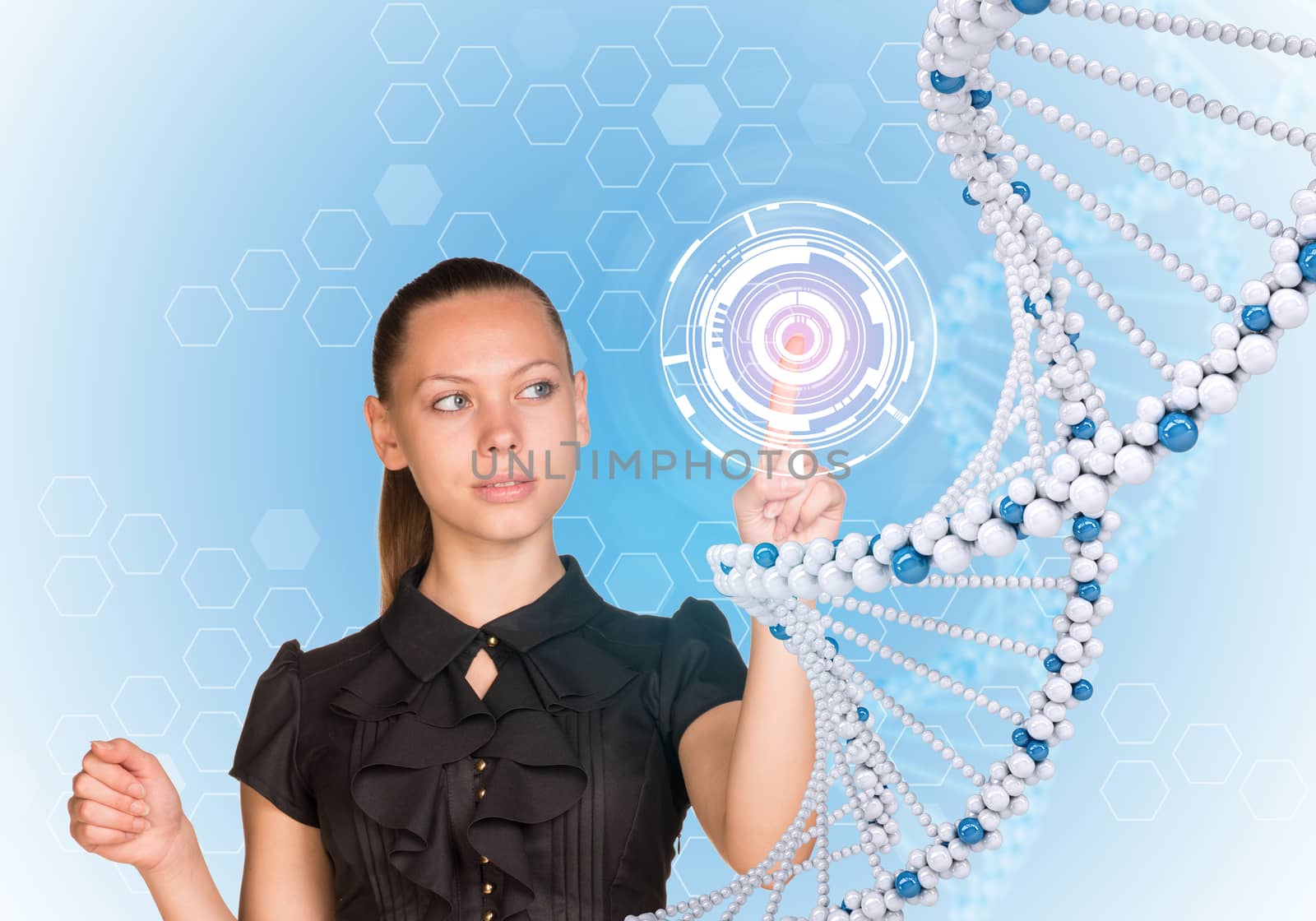 Beautiful businesswoman in dress presses finger on model of DNA. Scientific and medical concept