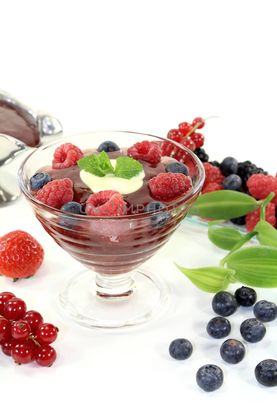 red fruit jelly with custard and vanilla leaves on a light background