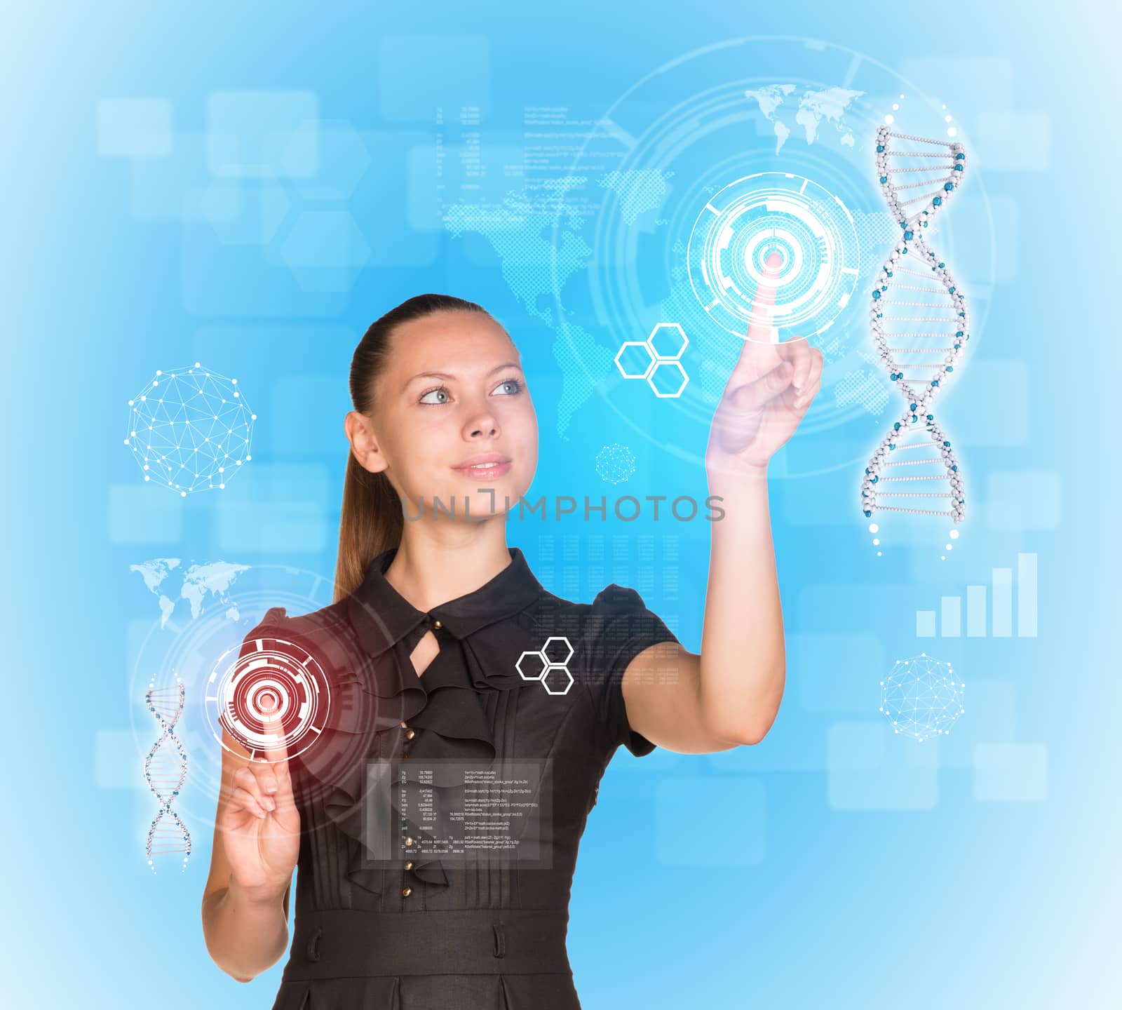 Beautiful businesswoman in dress smiling and presses fingers on model of DNA. Scientific and medical concept