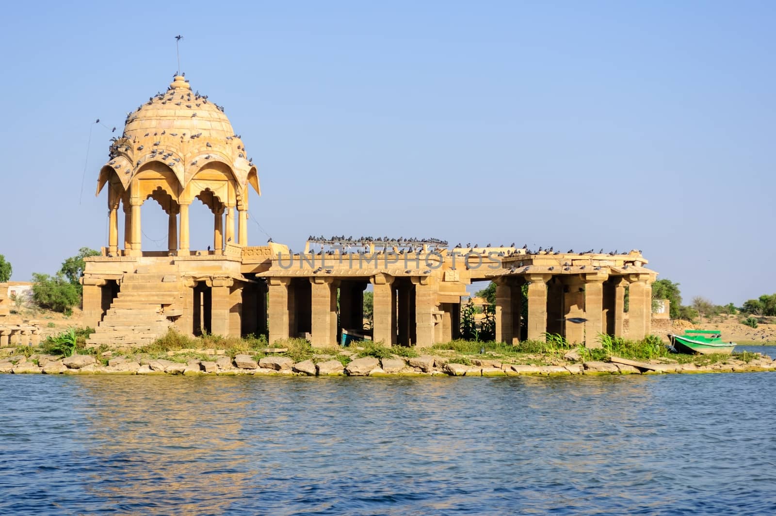 Ancient hindu stone temple in the middle of Gadisar lake, Jaisalmer, Rajasthan