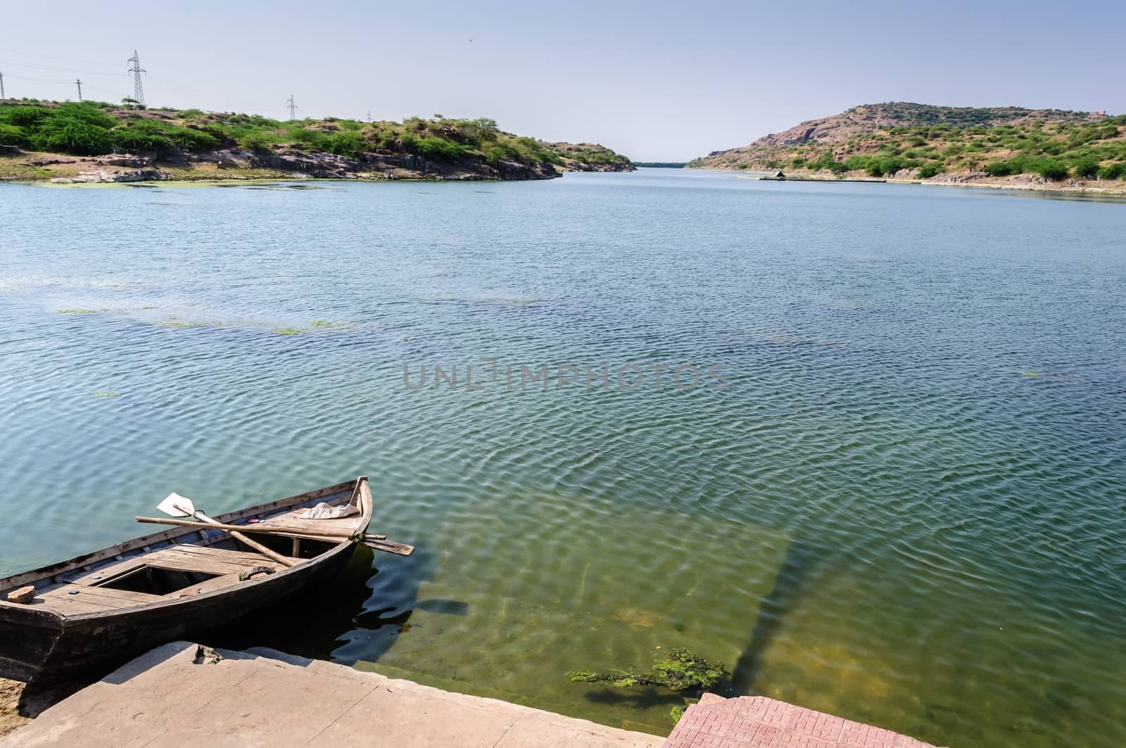 Boat with oars by Kailana Lake, Jodhpur, Rajasthan