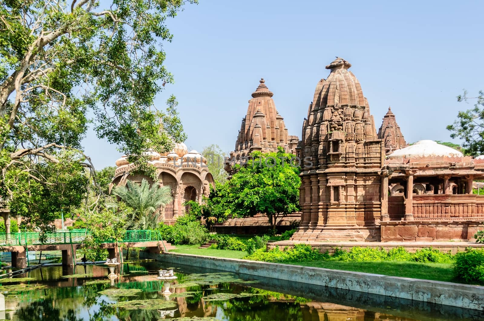 Ancient rock curved temples of Hindu Gods and godess at Mandor garden, Jodhpur, Rajasthan, India