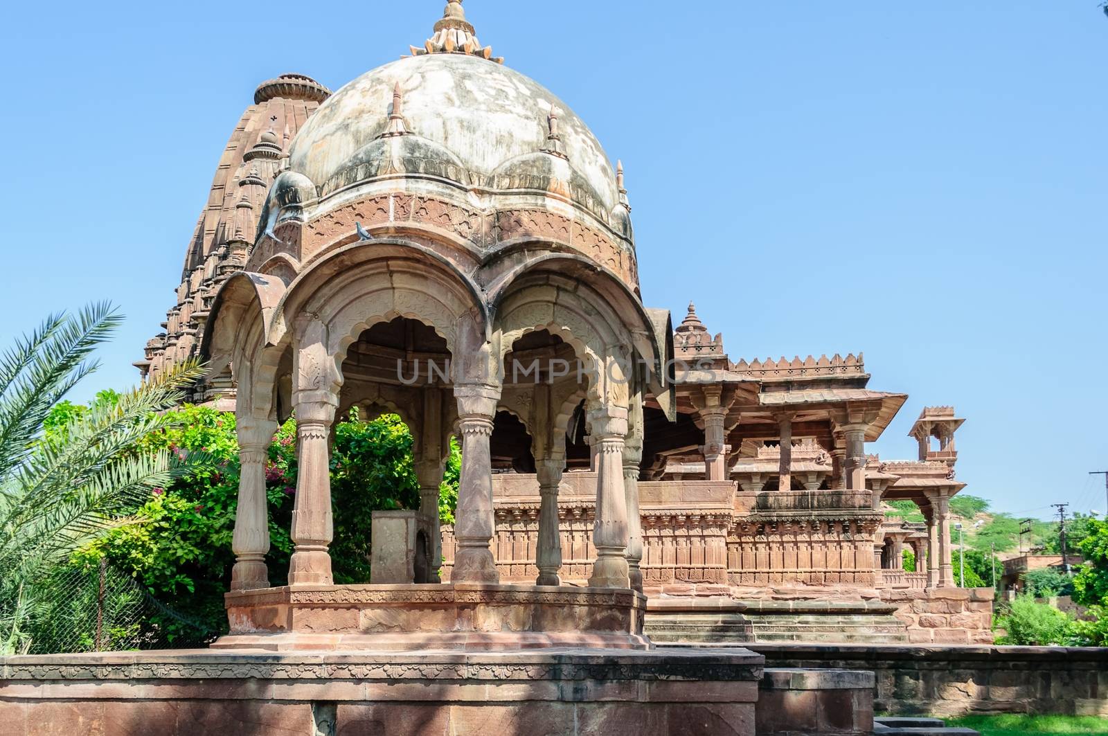 Ancient rock curved temples of Hindu Gods and godess at Mandor garden, Jodhpur, Rajasthan, India