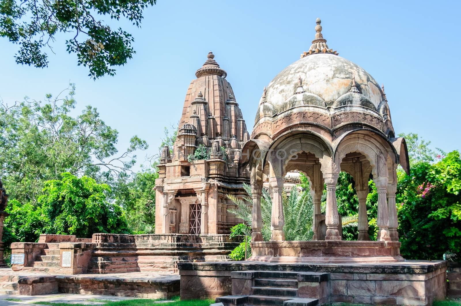 Ancient rock curved temples of Hindu Gods and godess at Mandor garden, Jodhpur, Rajasthan, India
