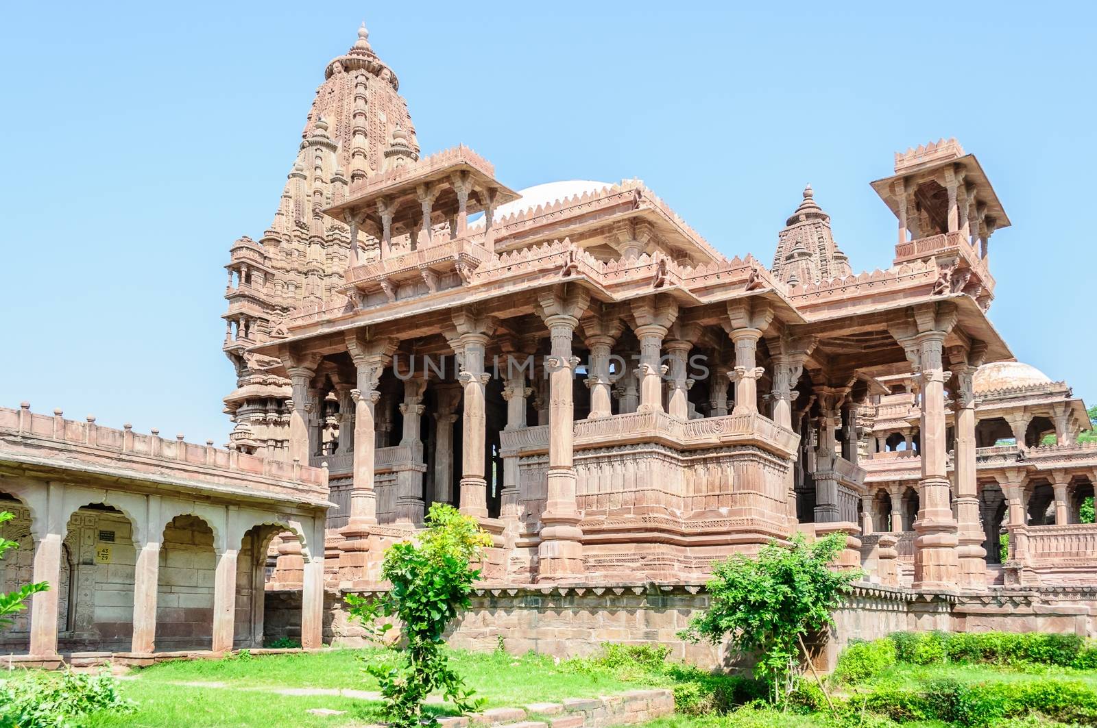 Ancient rock curved temples of Hindu Gods and godess at Mandor garden, Jodhpur, Rajasthan, India