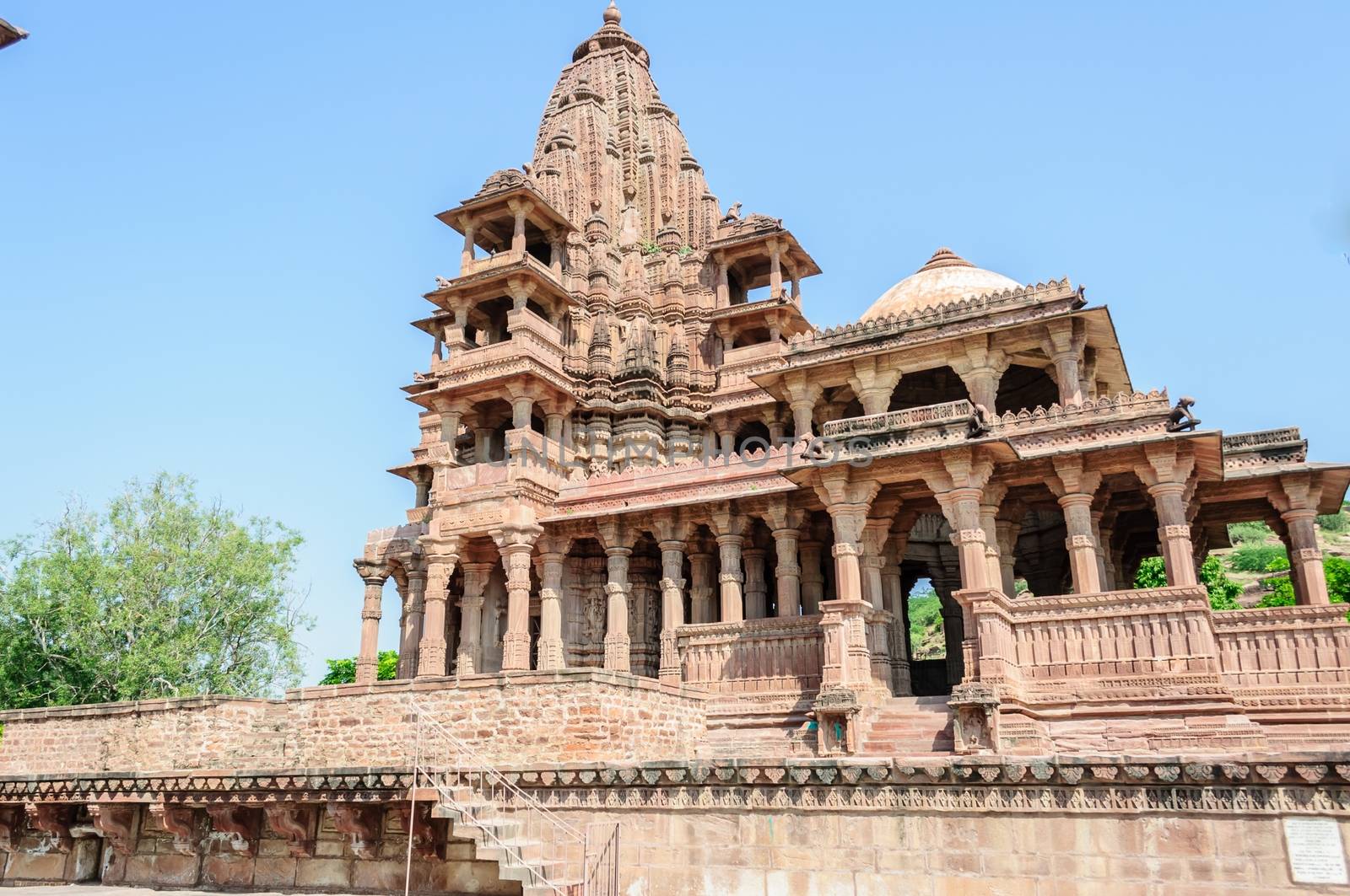 Ancient rock curved temples of Hindu Gods and godess at Mandor garden, Jodhpur, Rajasthan, India