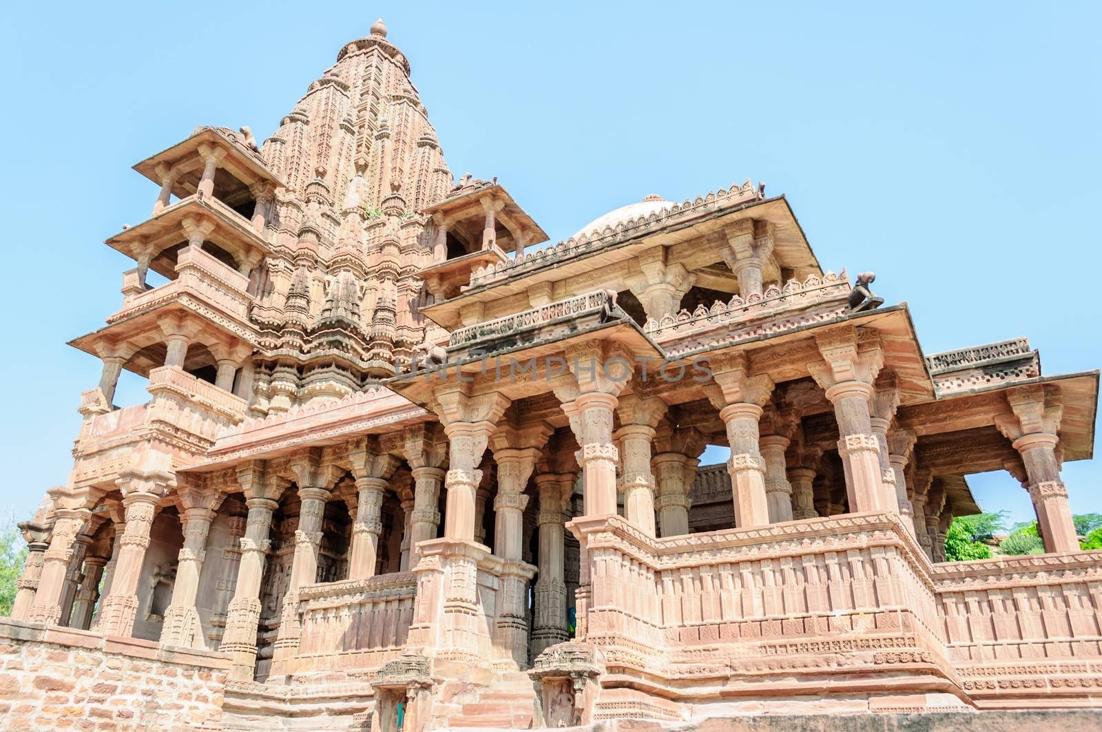 Ancient rock curved temples of Hindu Gods and godess at Mandor garden, Jodhpur, Rajasthan, India