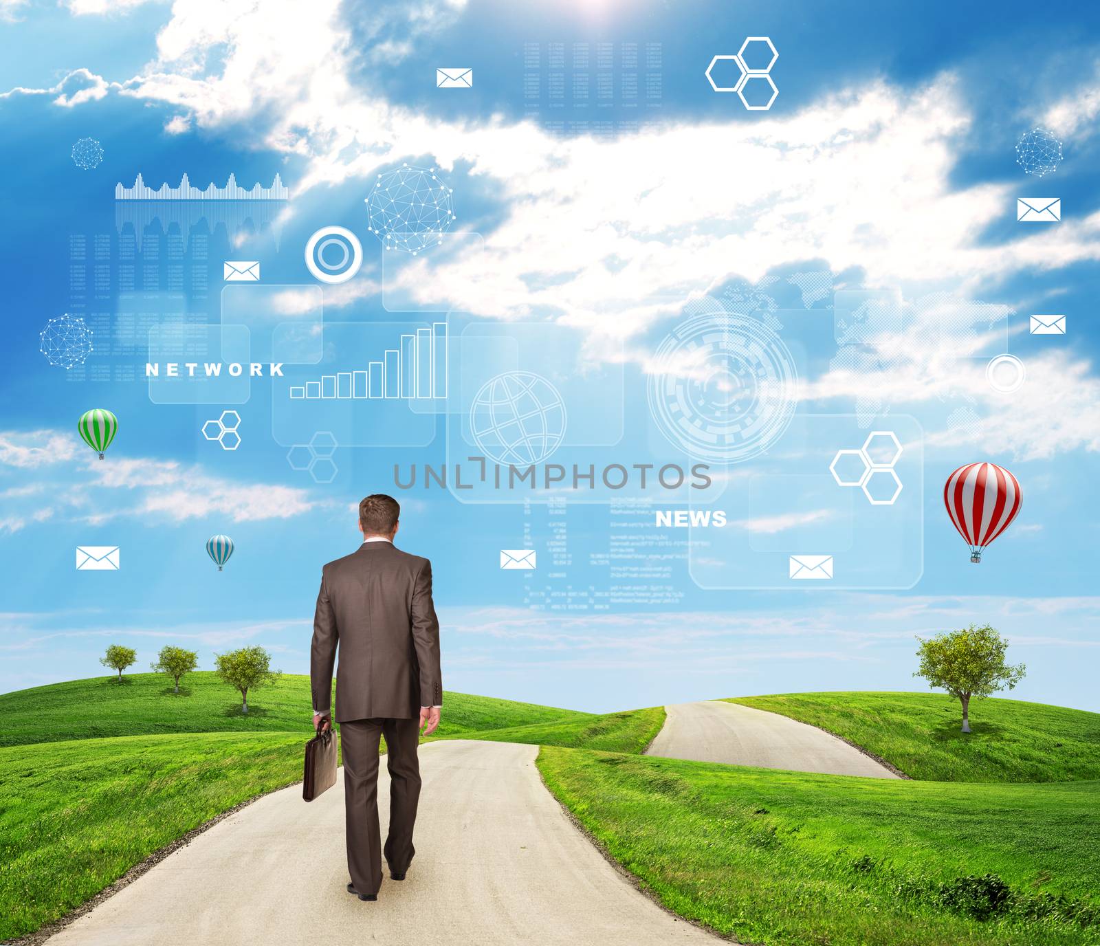 Businessman in suit walking along road through green hills. Charts and lists in sky. Business concept