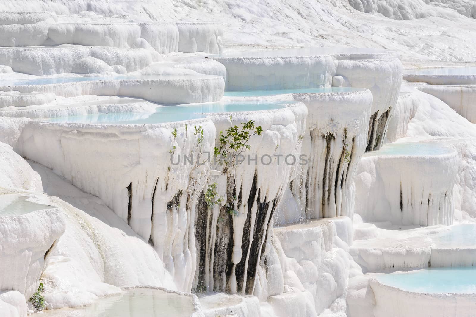 Blue water travertine pools and terraces in Pamukkale, Turkey