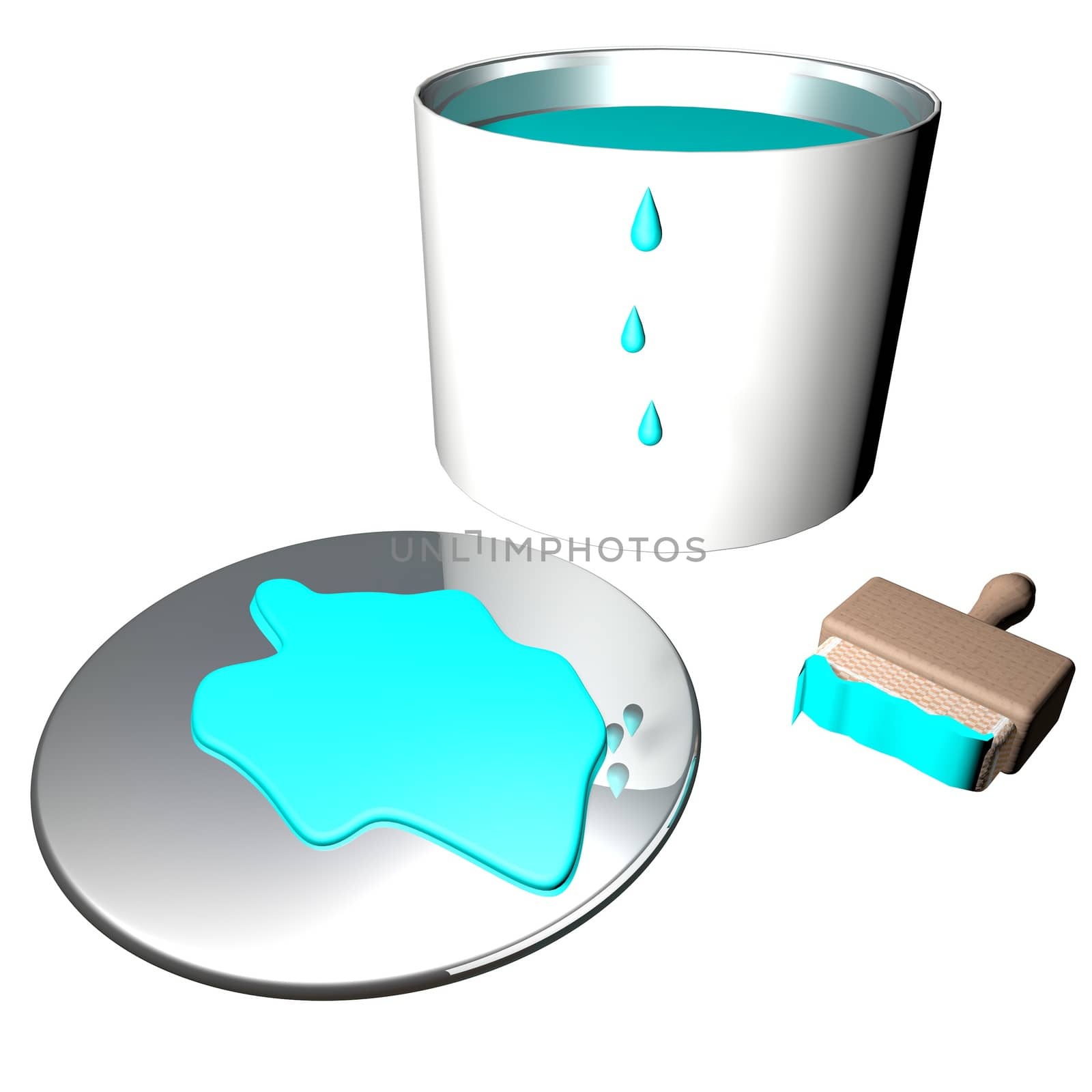 Lite blue paint in barrel with brush, 3d render
