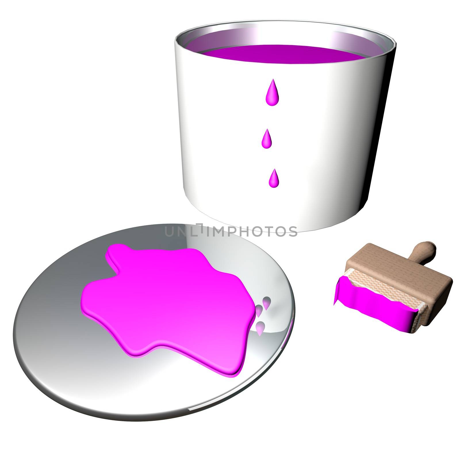 Pink paint in barrel with brush, 3d render