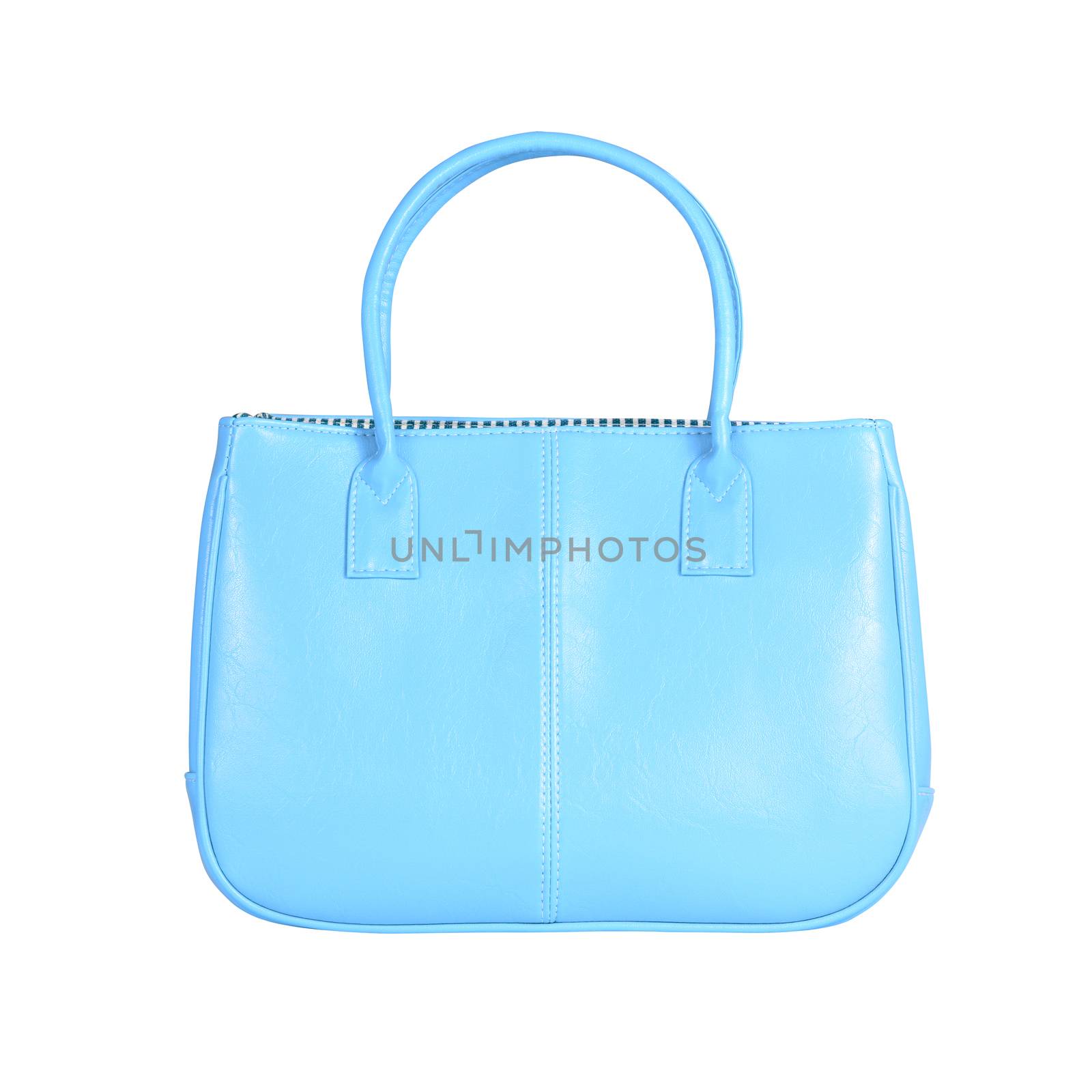 High-resolution image of an isolated blue leather handbag on white background. High-quality clipping path included.