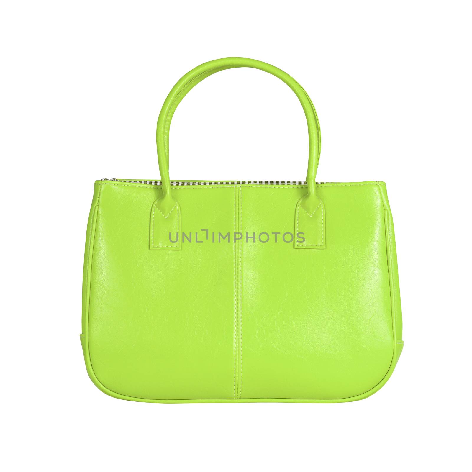 High-resolution image of an isolated green leather handbag on white background. High-quality clipping path included.