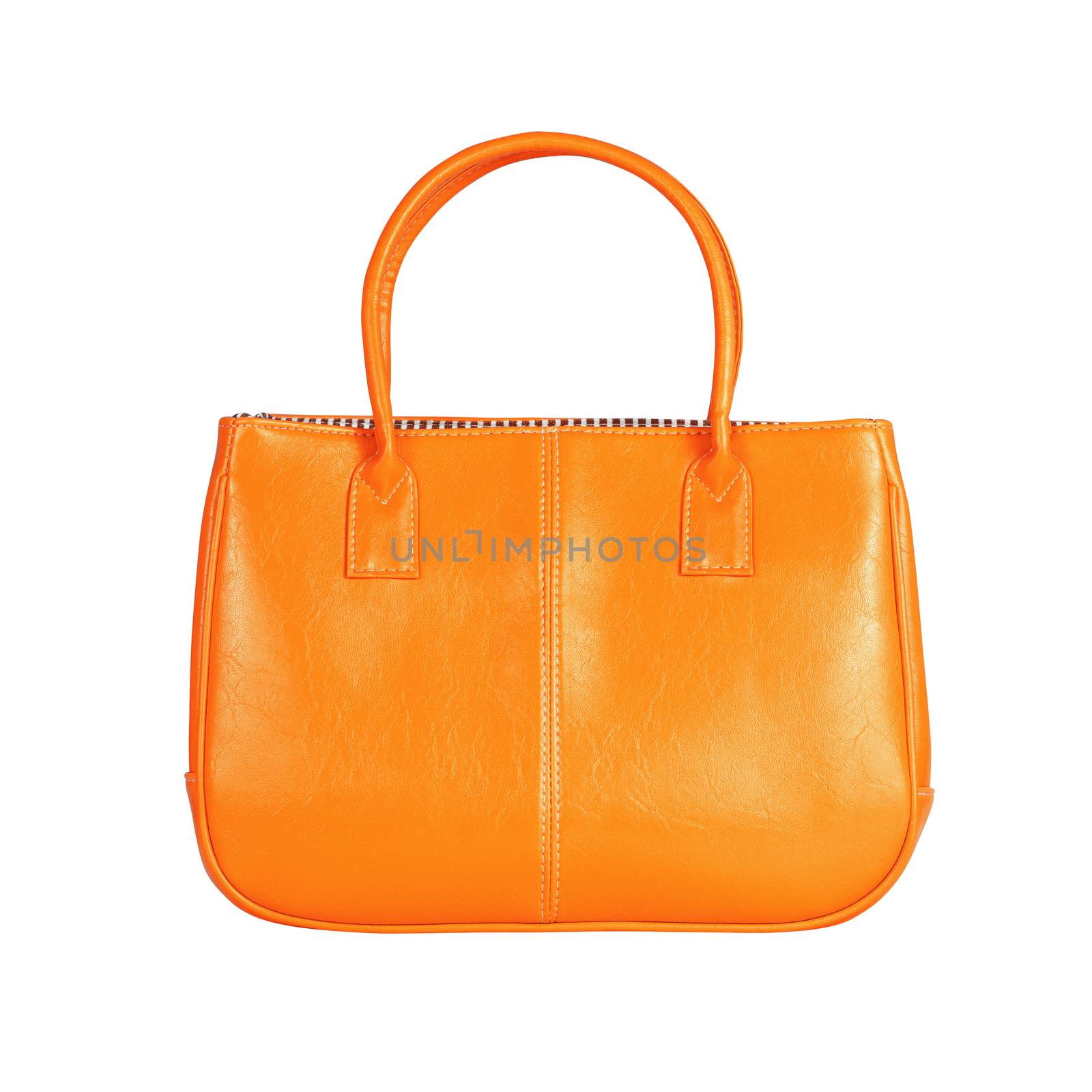 High-resolution image of an isolated orange leather handbag on white background. High-quality clipping path included.