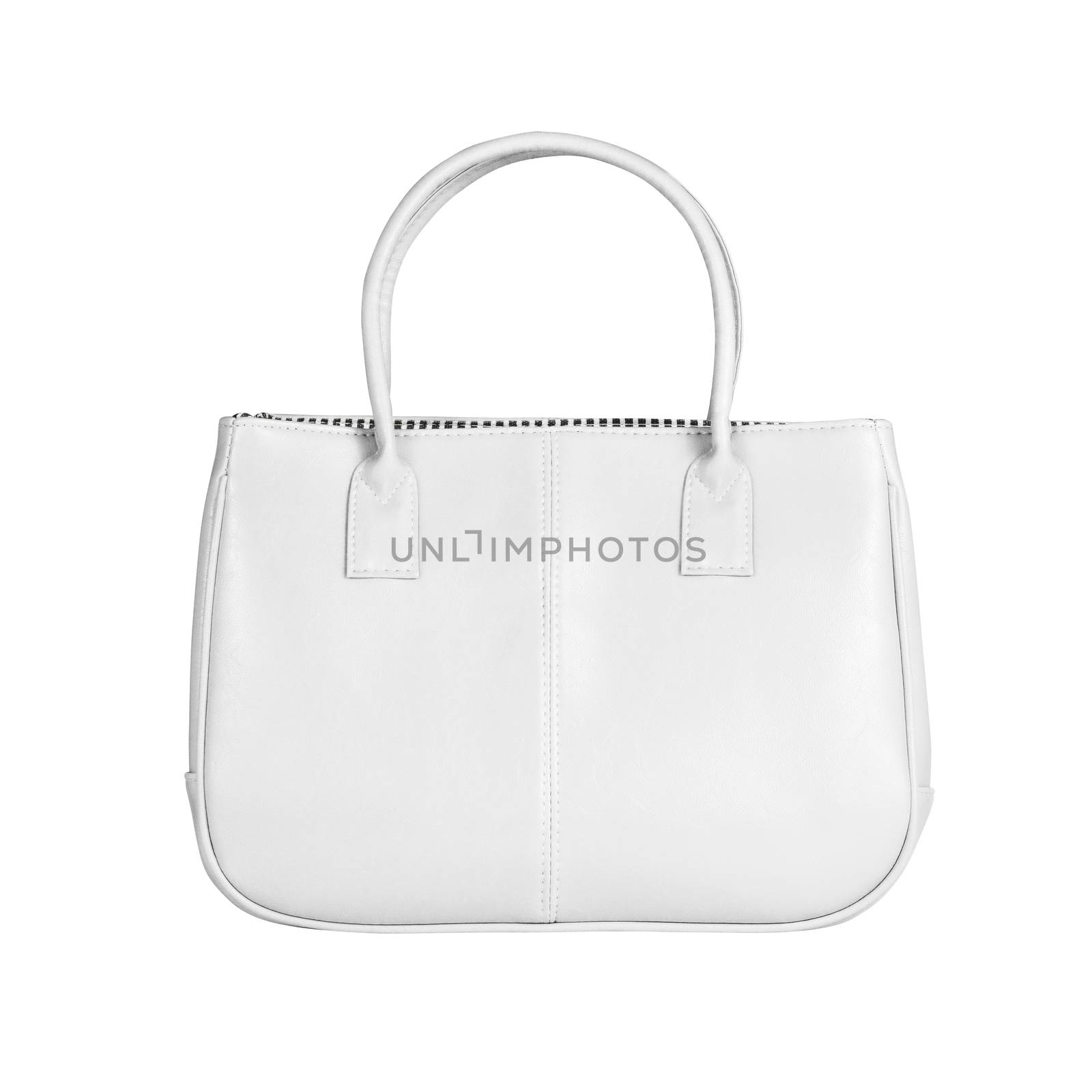 High-resolution image of an isolated white leather handbag on white background. High-quality clipping path included.