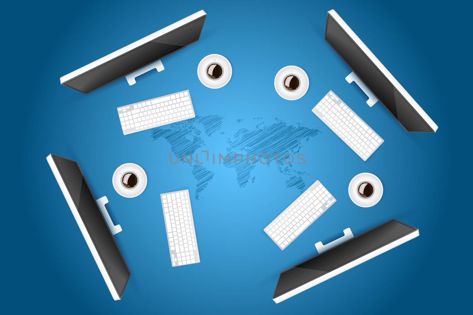 Business Meeting with Four Monitors, Keyboards and Coffee over the sketch of World Map