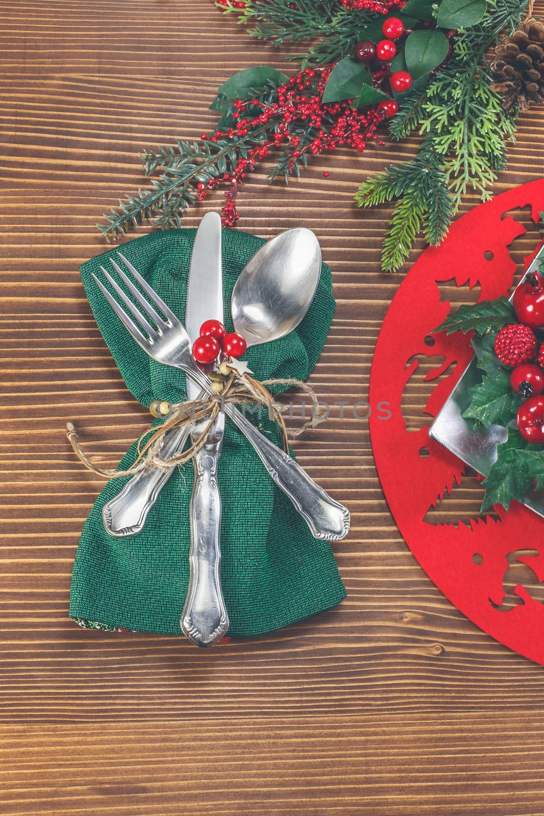 Christmas background with silverware and fir tree. Christmas vintage concept.