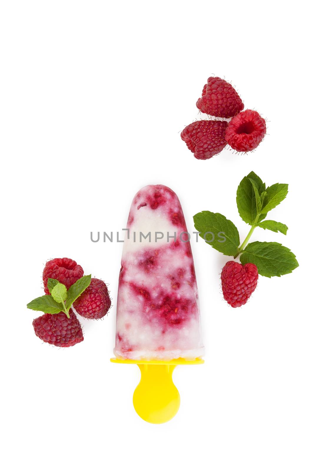 Luxurious ice lolly background. Ice lolly with fresh fruit and mint leaves isolated on white, top view. Summer and ice cream. 