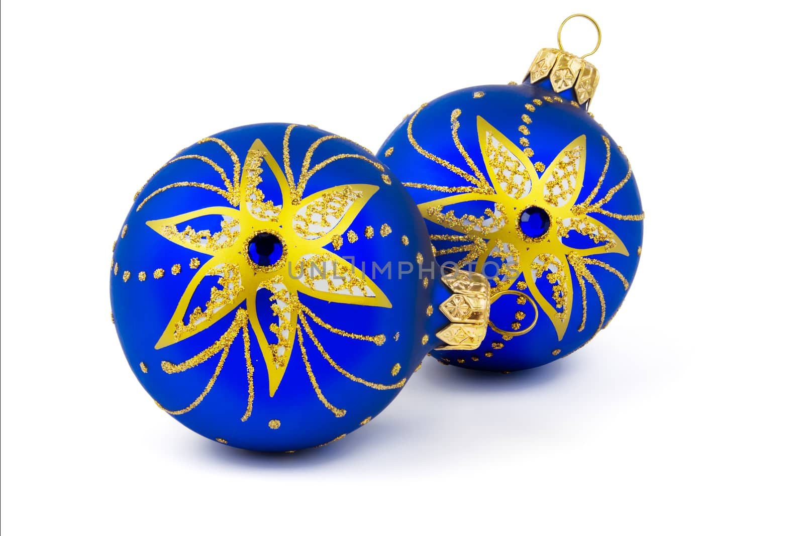 Two blue Christmas balls on a white background