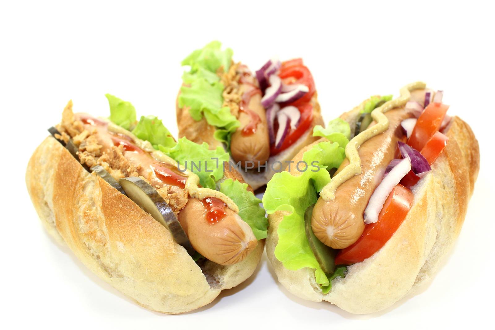 various Hot Dog's in front of white background