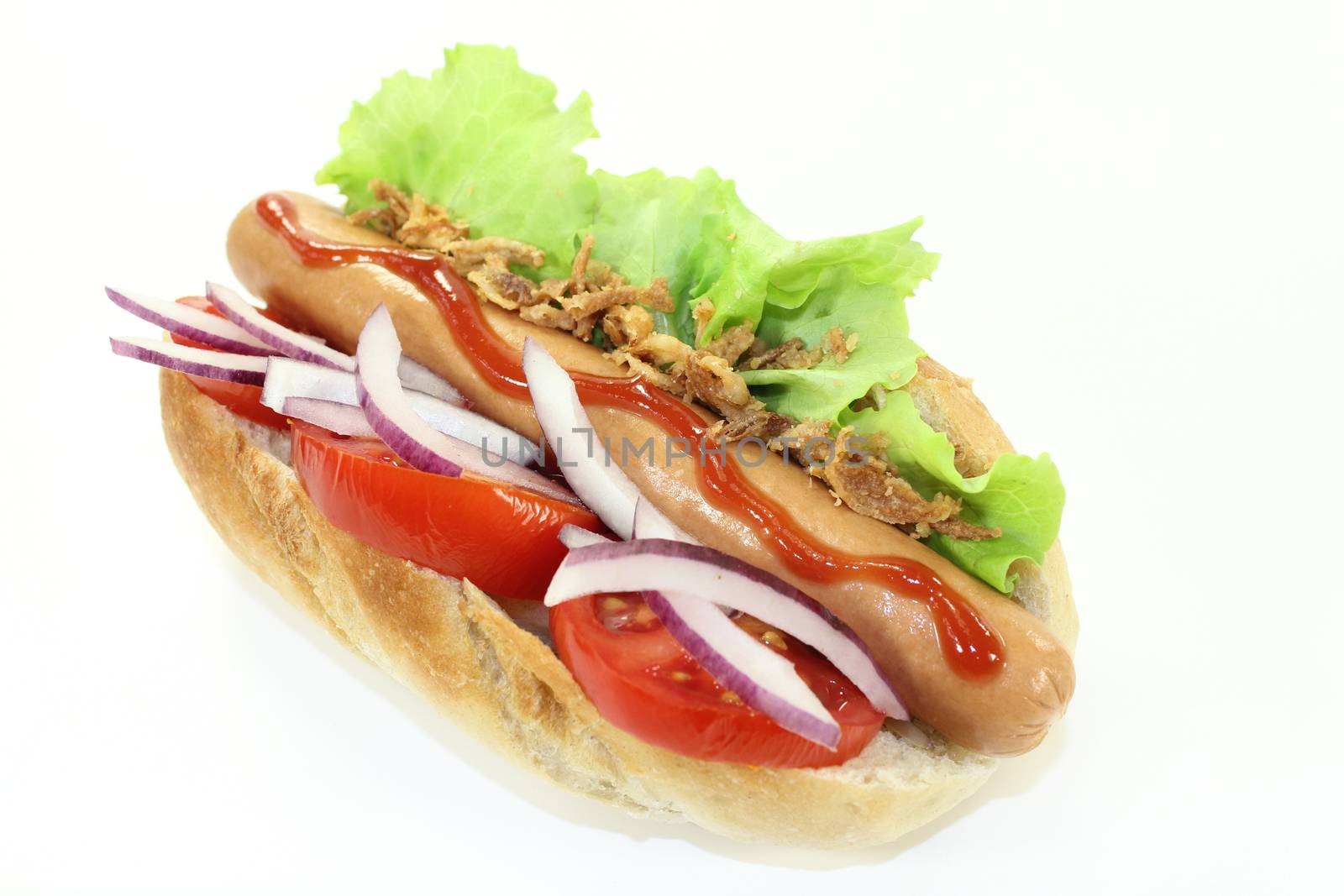 a hot dog with tomato and salad against white background