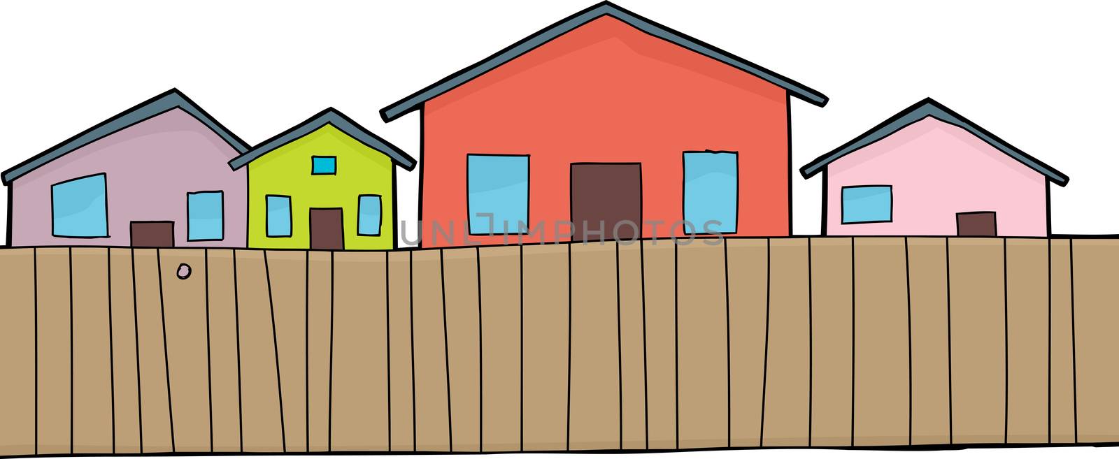 Cartoon houses and wooden fence over white