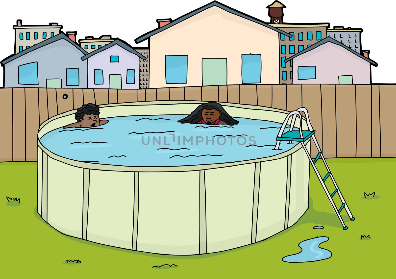 Pair of happy children in urban backyard pool
