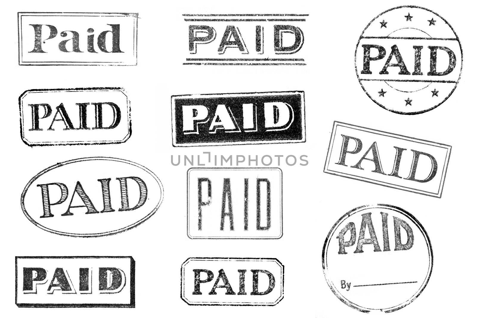 A set of large, distressed PAID stamps isolated on white. Ideal for bitmap brushes, retro collages, etc.
