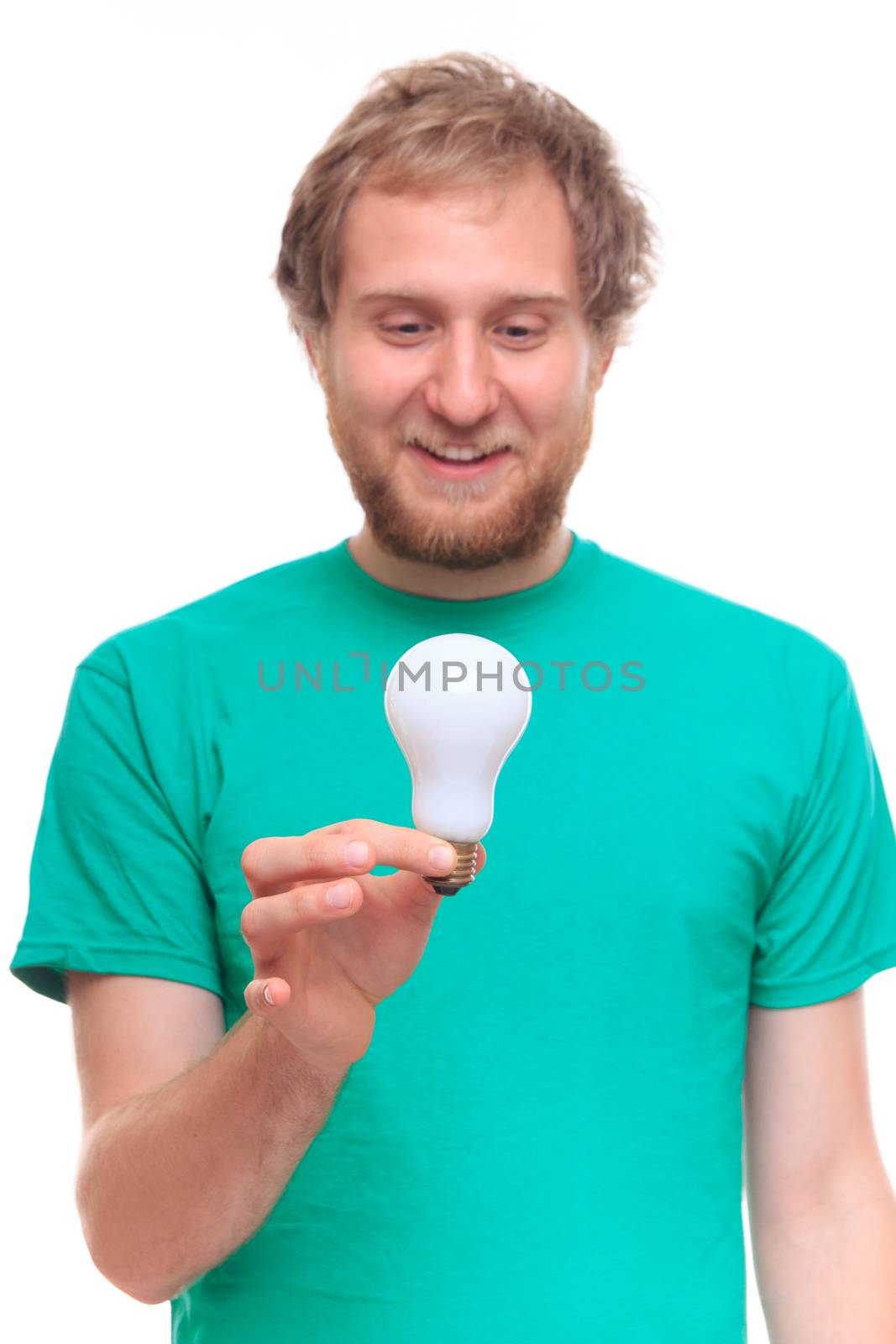 Man holding an idea light bulb - studio shoot 