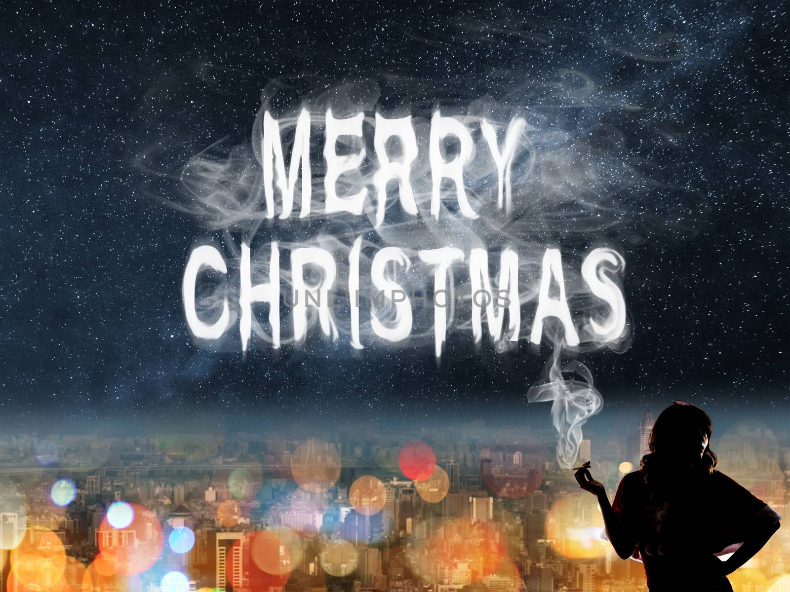 Christmas concept of lady with smoke text in the city night.