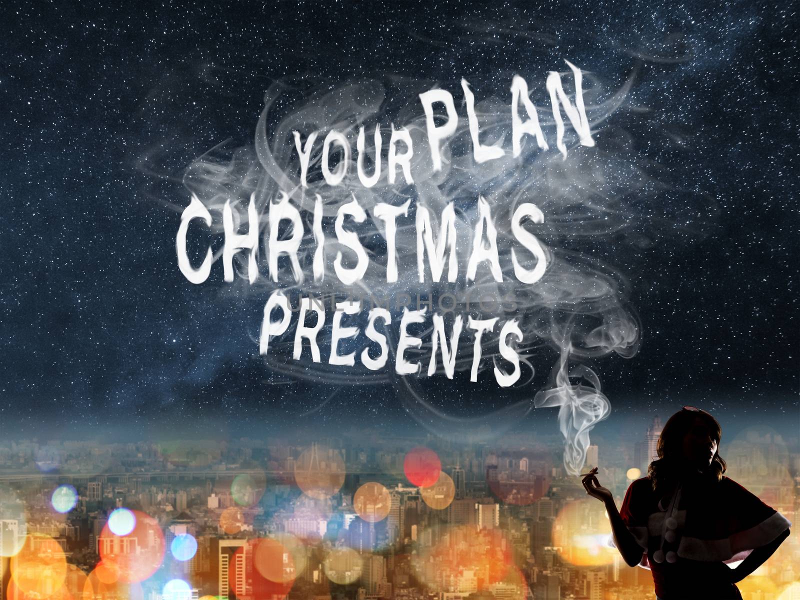 Christmas concept of plan to buy with Asian lady and smoke text in the city night.
