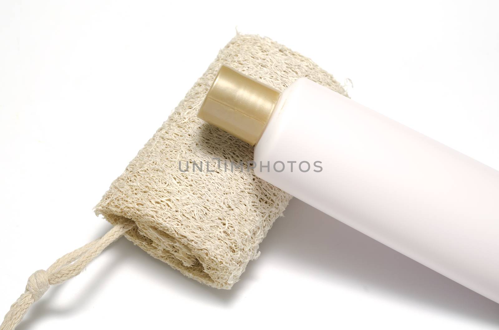 loofah and liquid soap isolated on a white background
