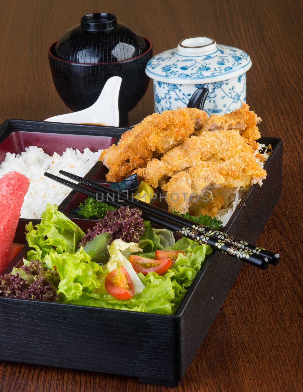 japanese cuisine. lunch box set on a background
