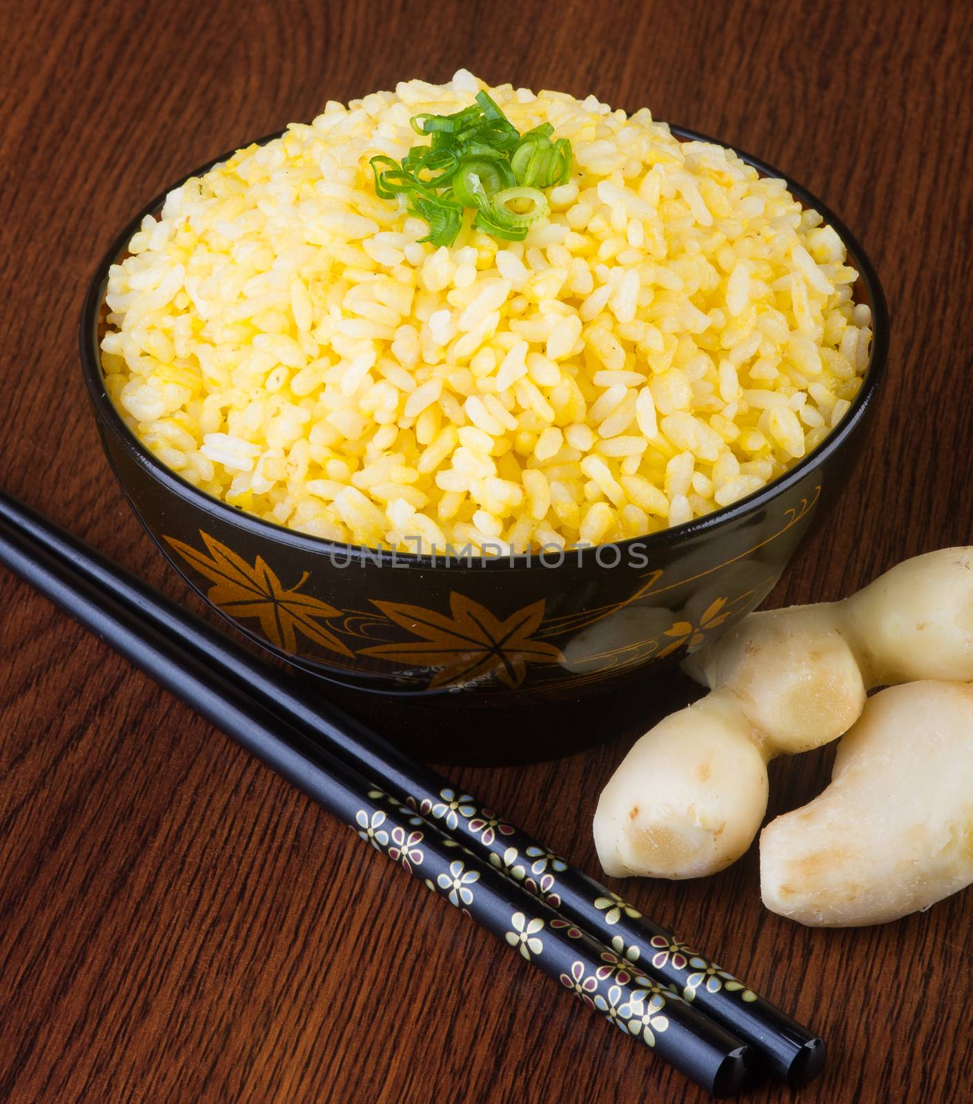 japanese cuisine. ginger fried rice on background
