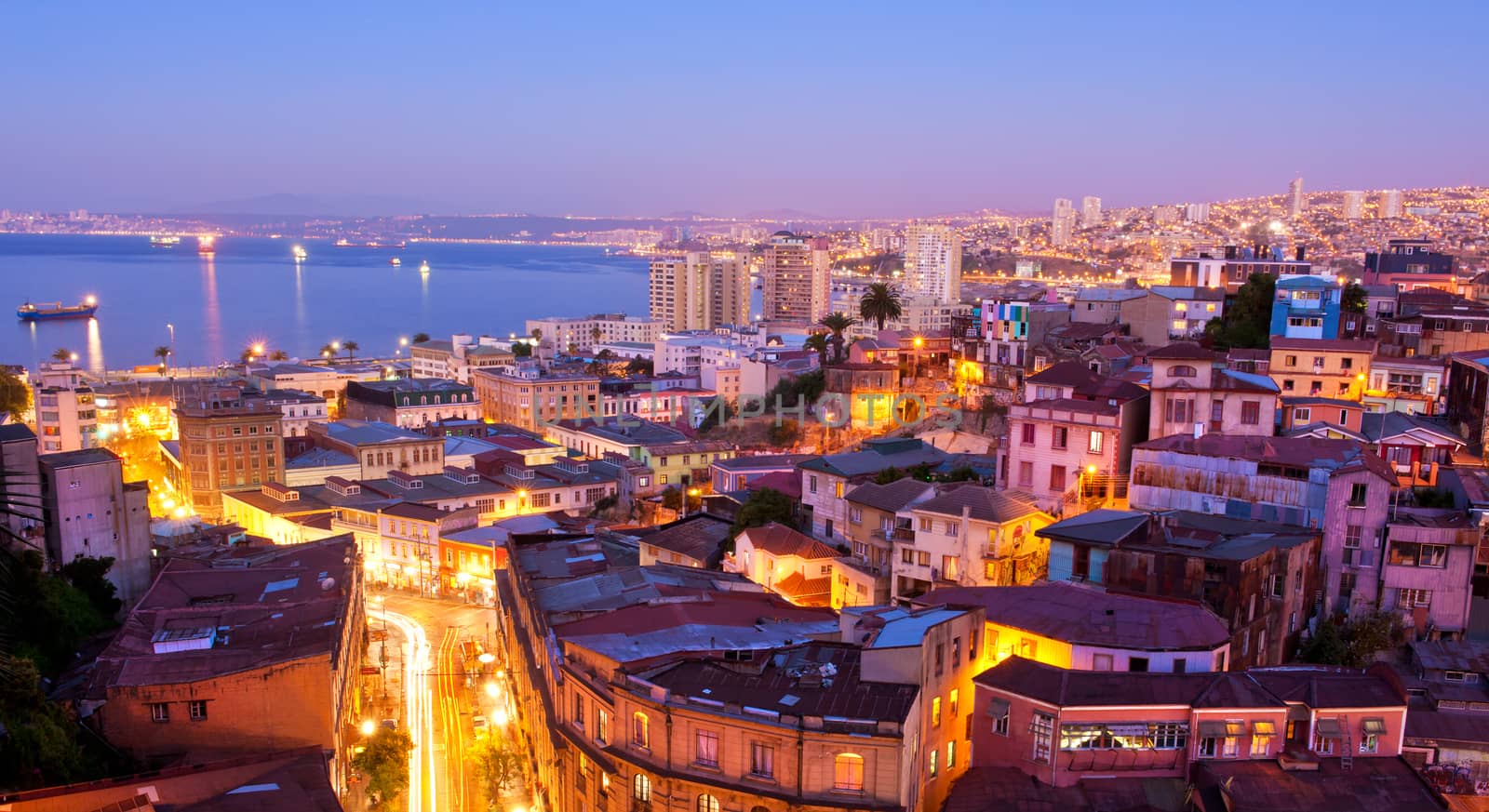 the historic quarter of Valparaíso, declared a UNESCO World Heritage Site in 2003, by night.