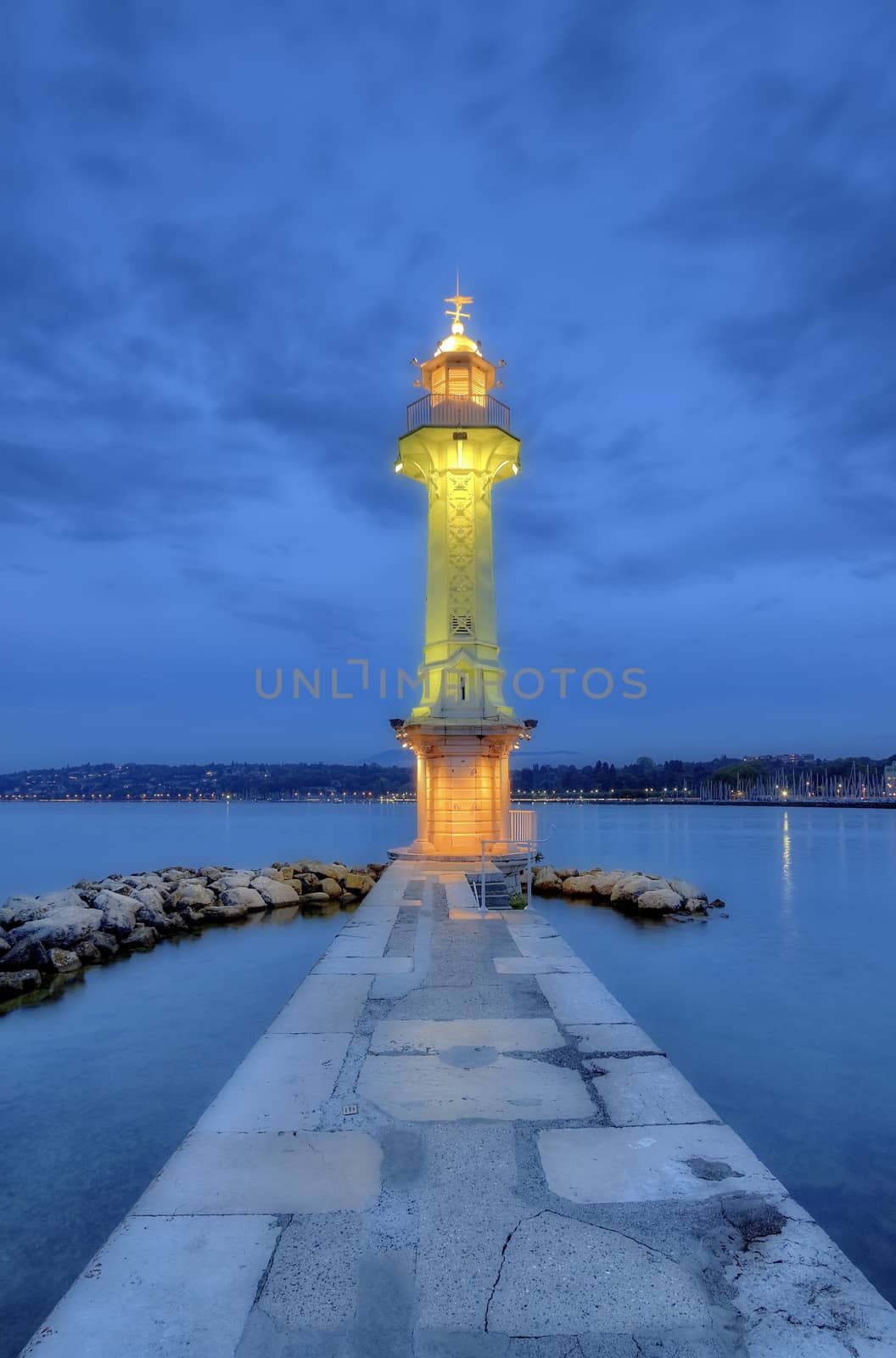 Lighthouse at the Paquis by night, Geneva, Switzerland, HDR