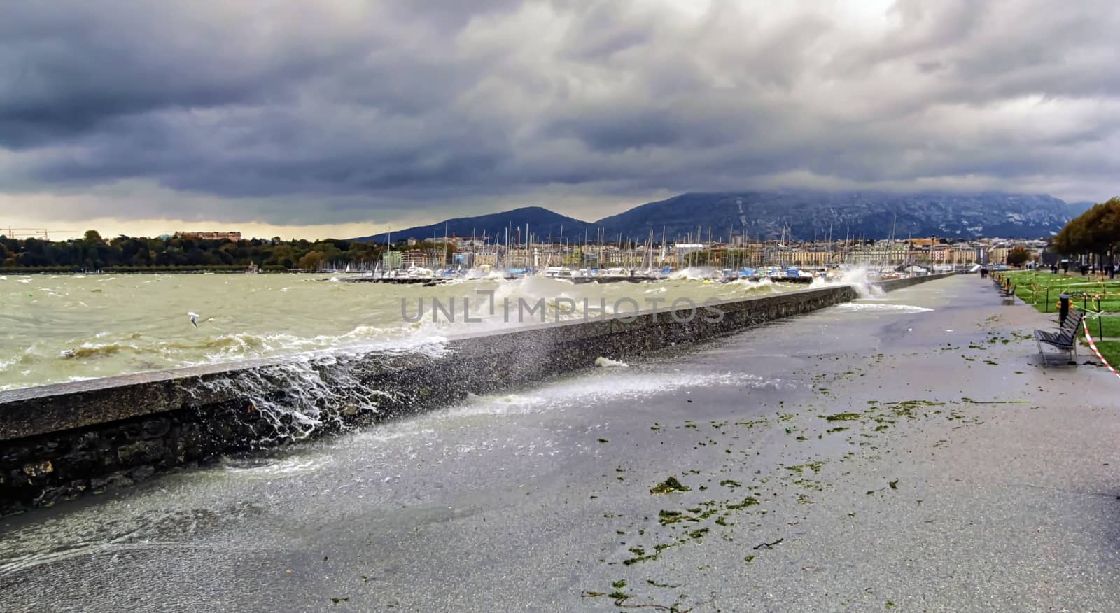 Storm and grey sky in lakefront in Geneva, Switzerland