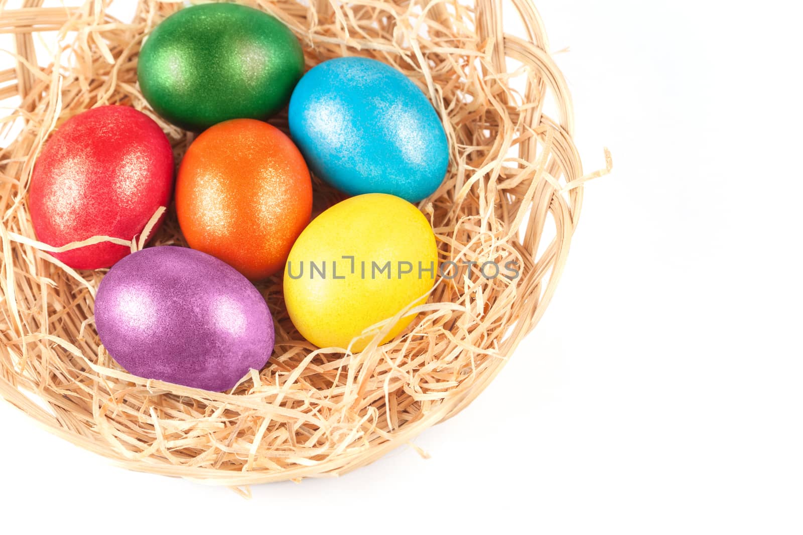 easter eggs in nest on white background