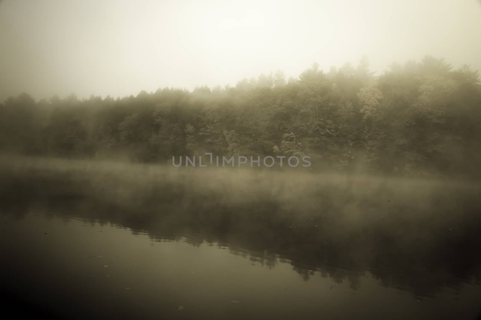 River fog, old-fashioned image, Connecticut River, Brattleboro, USA.