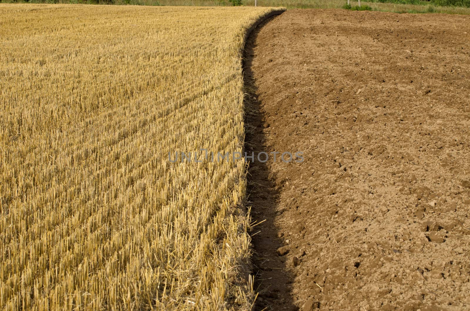 straw stubble and cultivated earth soil on autumn farm field