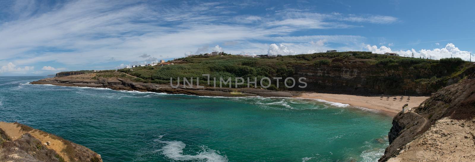 Coxos beach on the portuguese Atlantic coast. Beach and rocks of Ericeira.